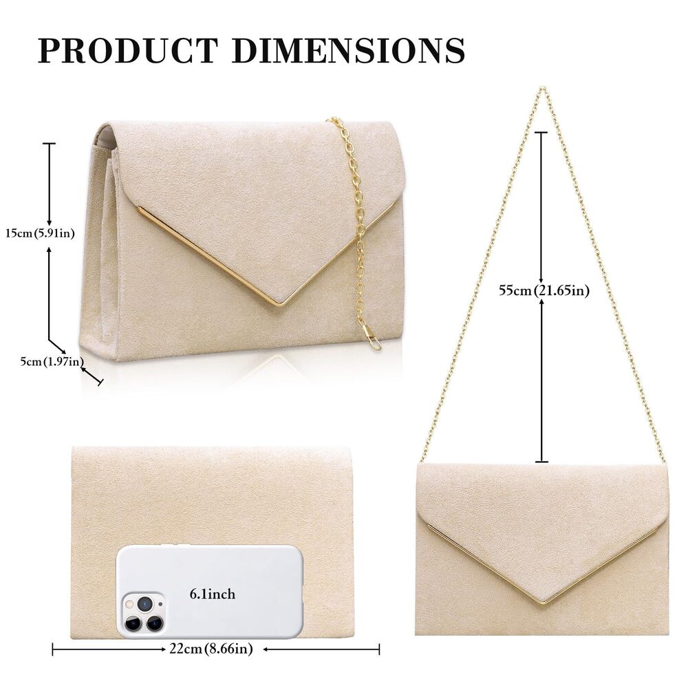 7805 Suede Clutch Purse , Elegant Apricot Envelope Evening Handbags & Chain - Picture 6 of 7